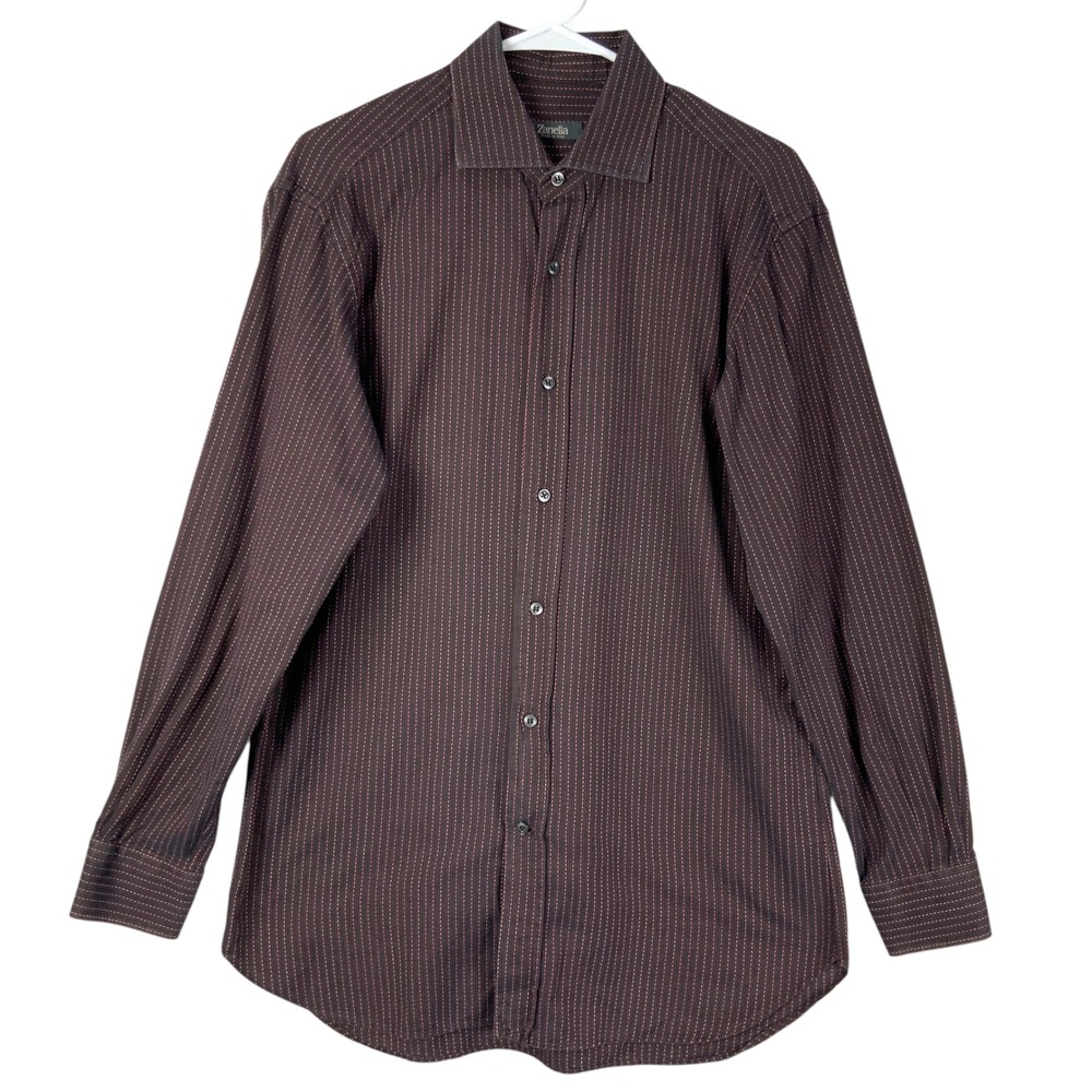 Zanella Brown Pink Striped Button Up Shirt 16 Spread Collar Long Sleeve Italy